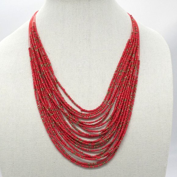 Multi Strand Necklace Rice Beads.Red Gold. - Picture 2 of 4